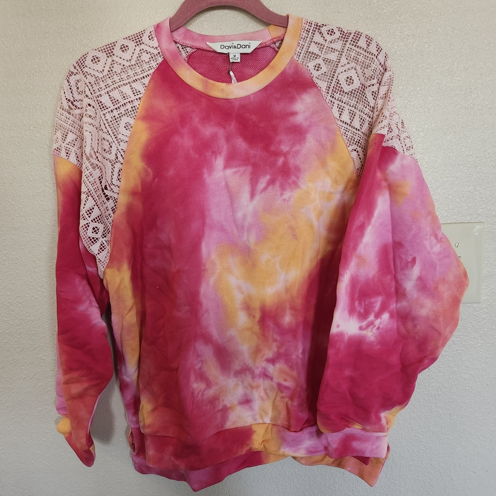 Davi & Dani French Terry Tie Dye Cotton Lace Sweatshirt